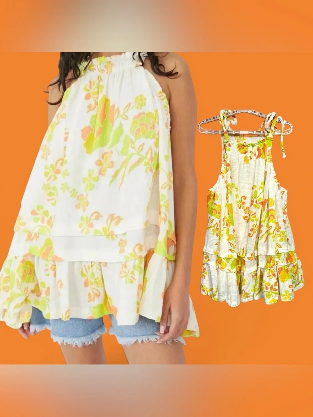 Free People Fleur Dress Top Sz M Cotton Gauze Tiered Tie Shoulder Boho Cottage